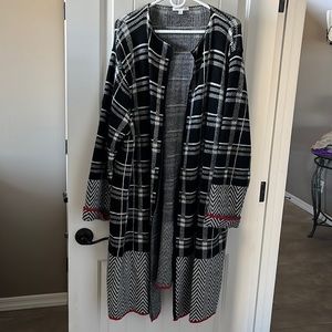 Black and white plaid with red accent open cardigan